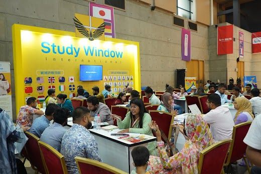 Students being counselled at the packed Study Window International booth