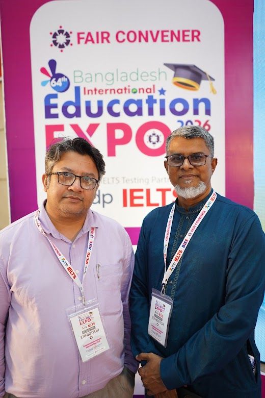 Two exhibitor partners posed together in front of the Education Expo 2026 backdrop