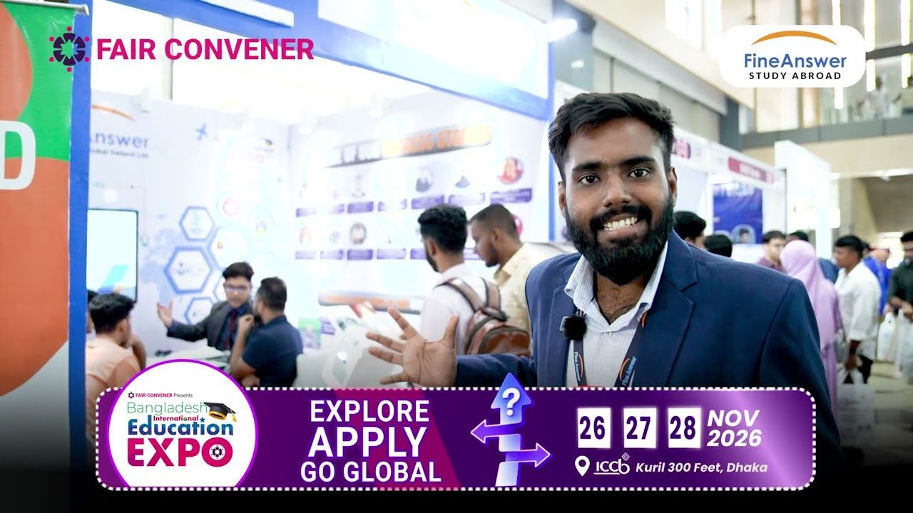 FineAnswer Study Abroad representative at their stall during the Bangladesh International Education Expo